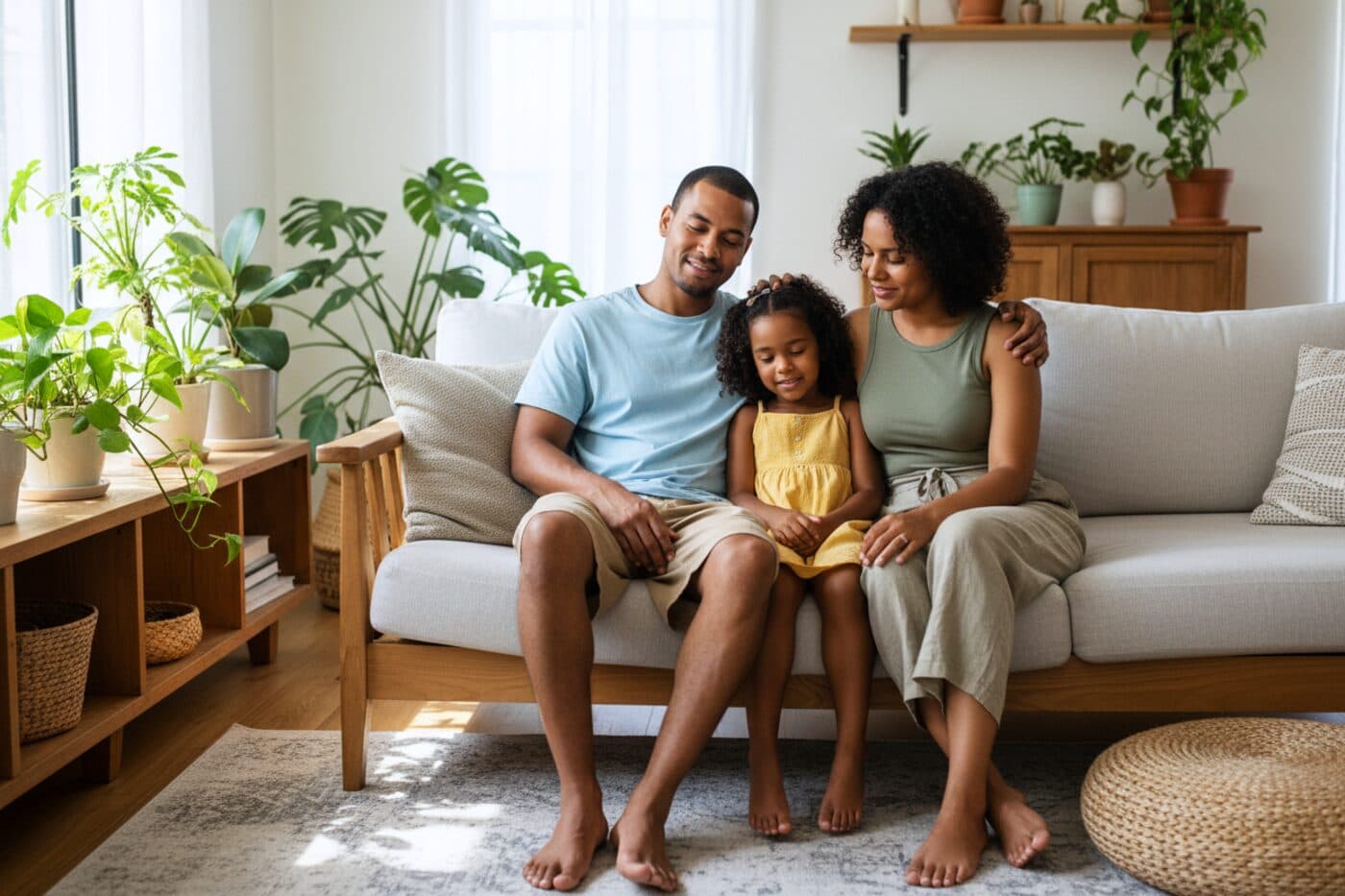 A family sitting together on a sofa in a cool, comfortable living room.